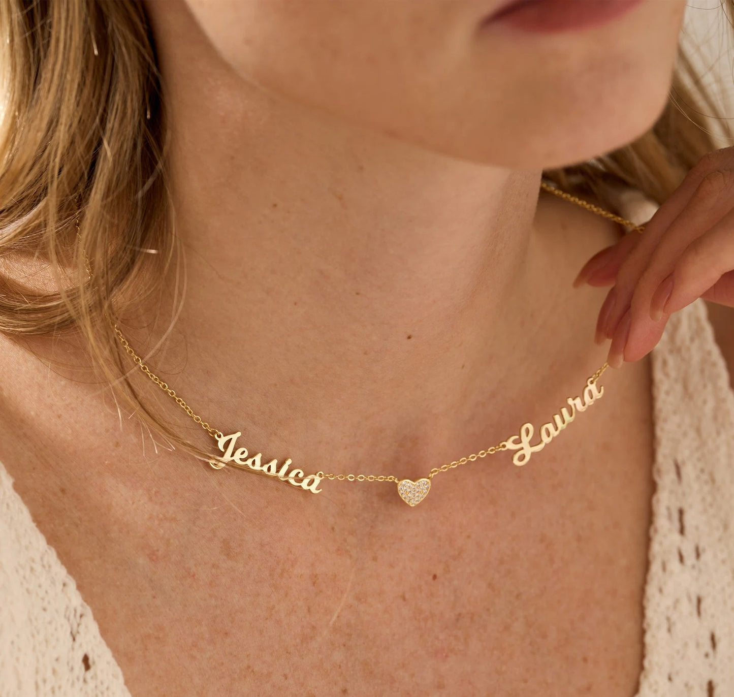 Collier Deux Prénoms avec Cœur Strass