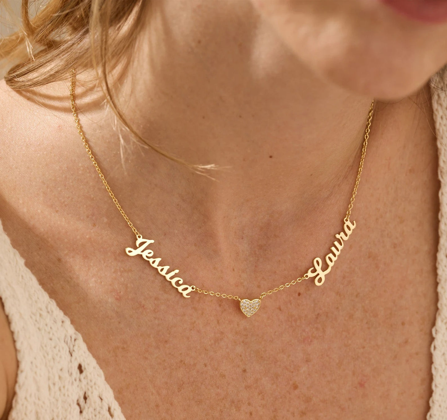 Collier Deux Prénoms avec Cœur Strass