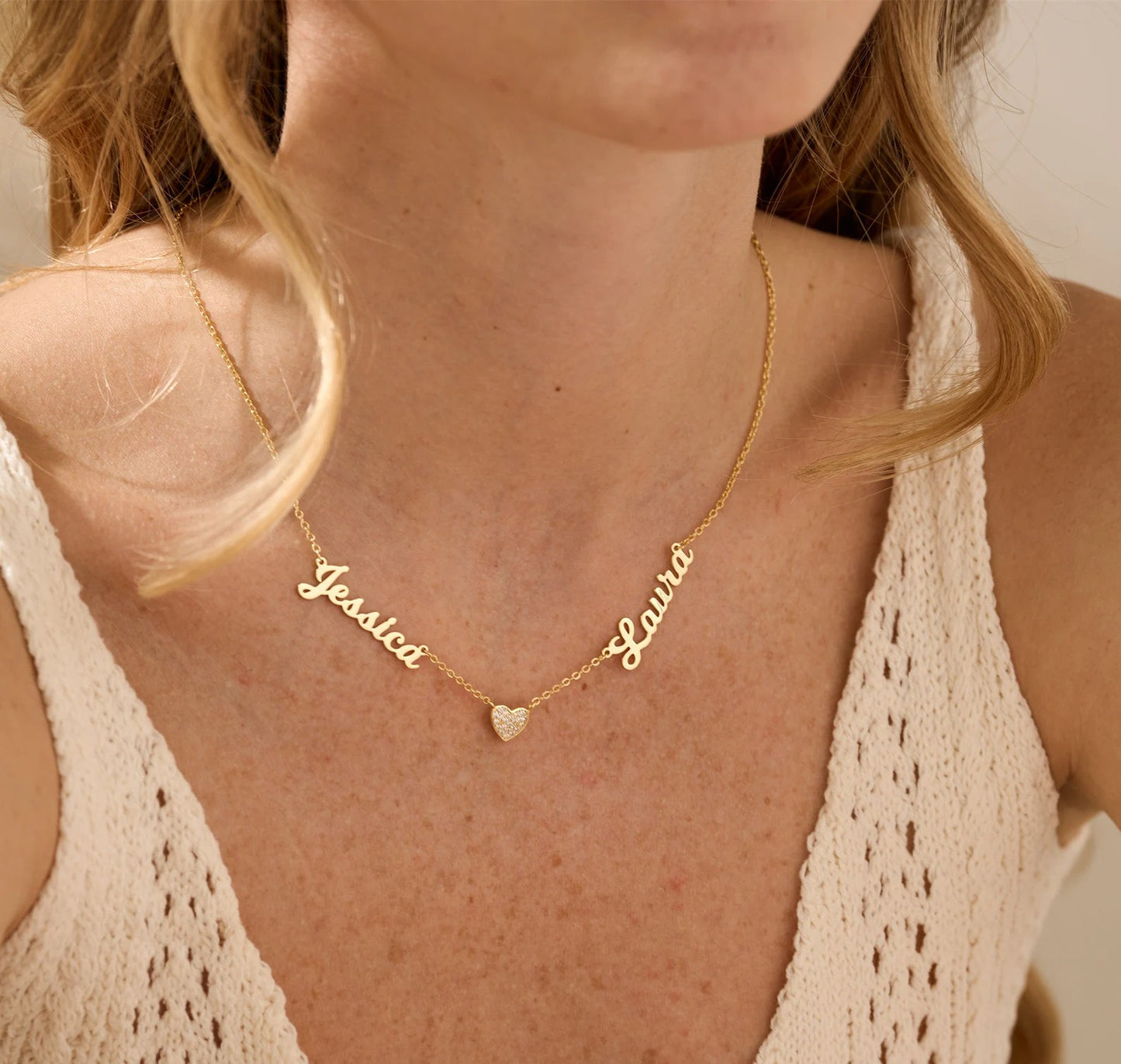 Collier Deux Prénoms avec Cœur Strass